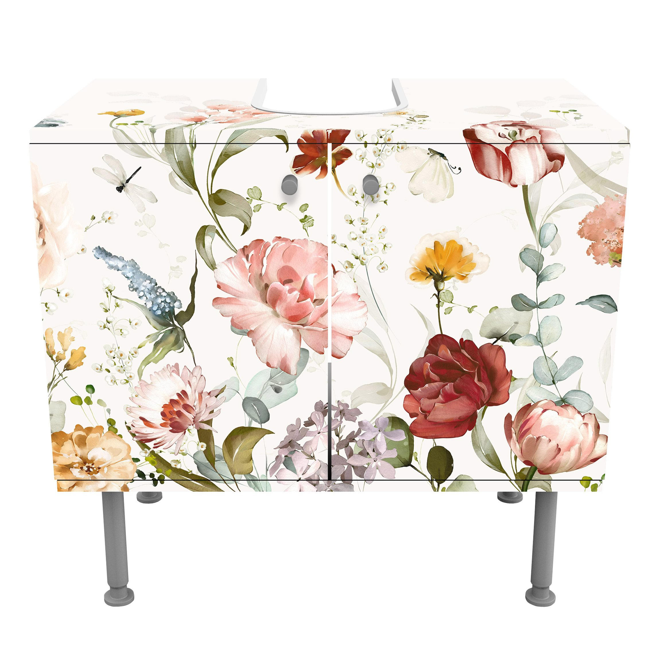 WASCHBECKENUNTERSCHRANK Rankende Blumen Aquarell 60/55/35 cm - Pastellblau, Holzwerkstoff (60/55/35cm) - Bilderwelten