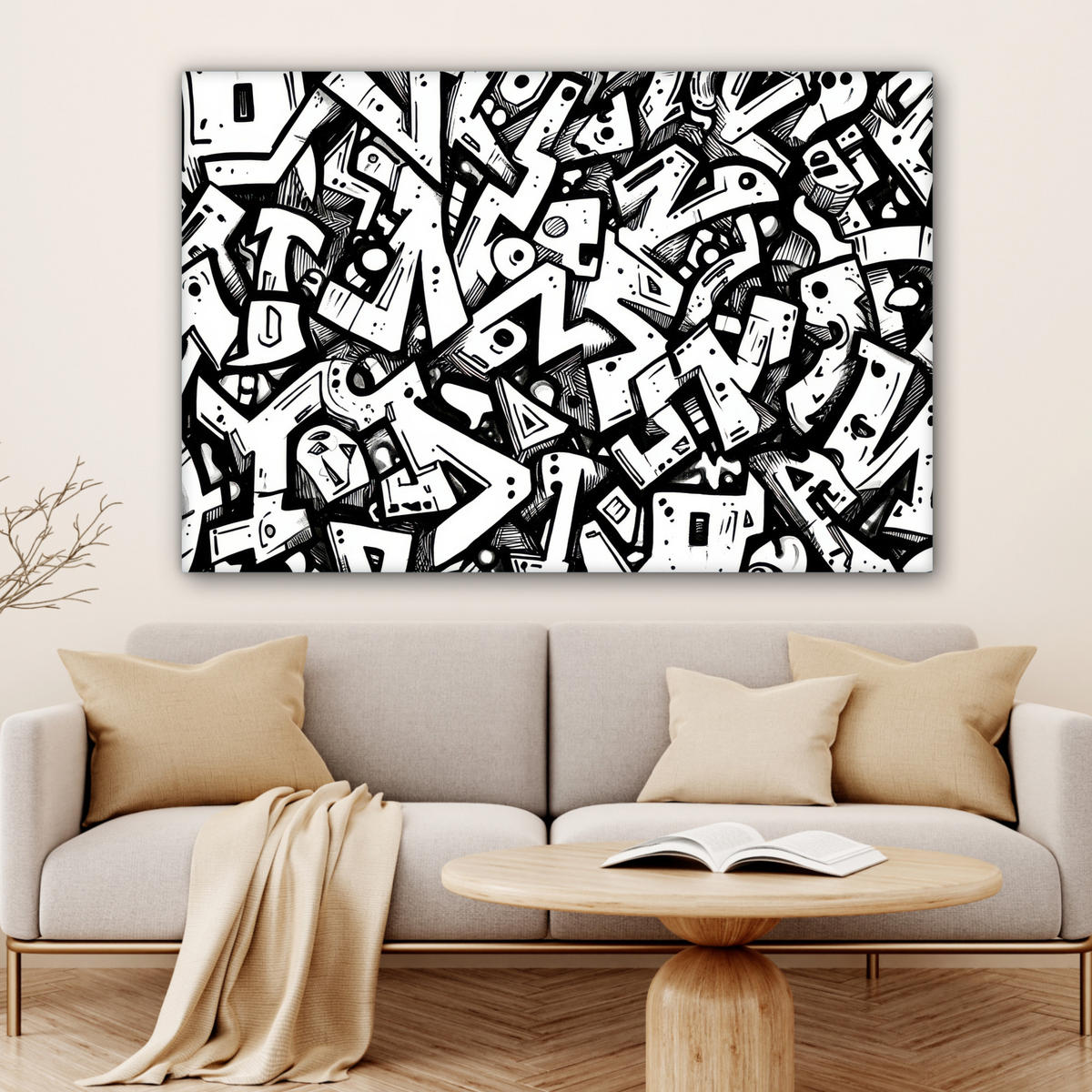 LEINWANDBILD Formen - Buchstaben - Graffiti - Schwarz Groß 140x90 cm - Schwarz, Textil (140/90cm) - MuchoWow