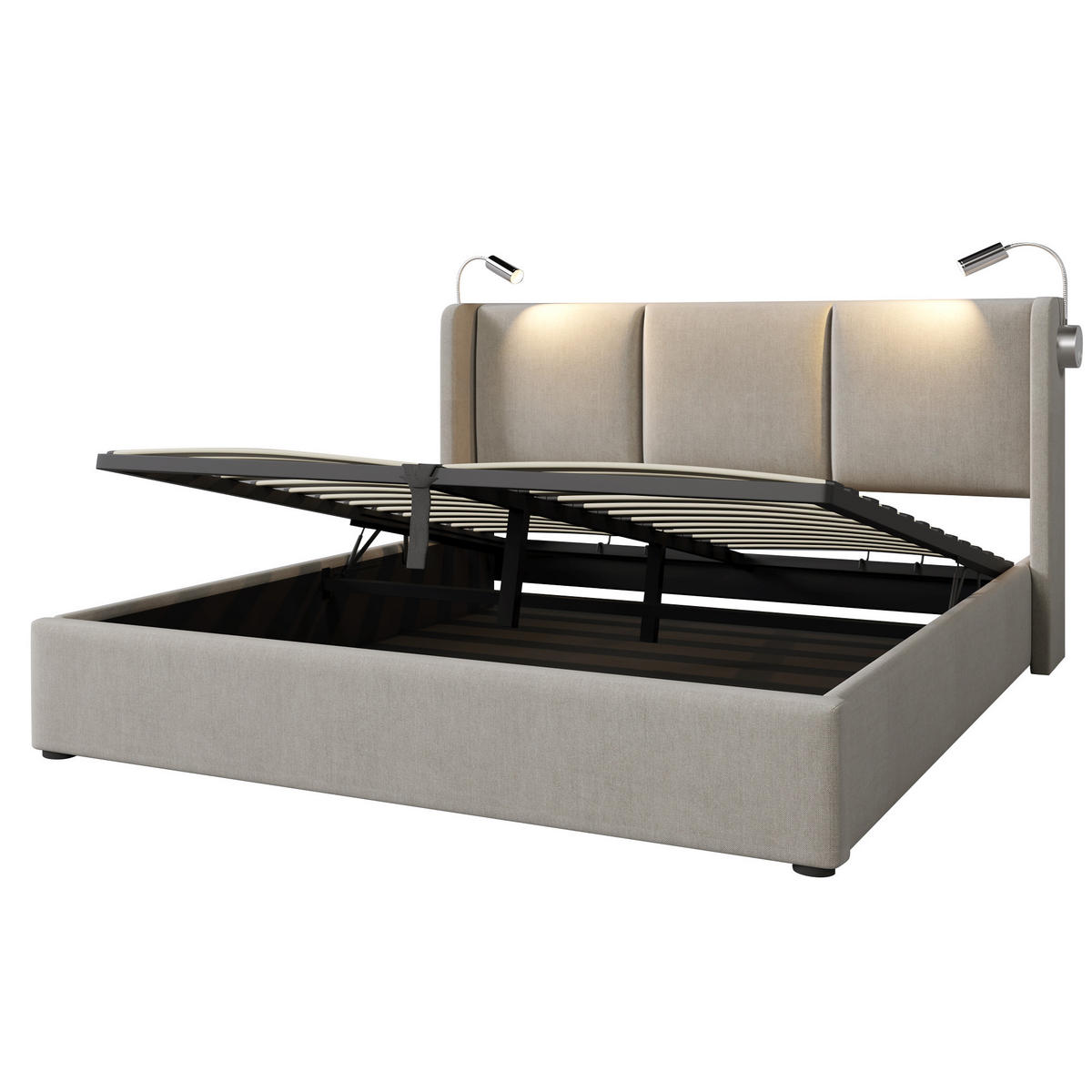 POLSTERBETT 140/200 cm Beige mit Leselampe und USB-Ladefunktion - Beige, Textil (140/200cm) - OKWISH