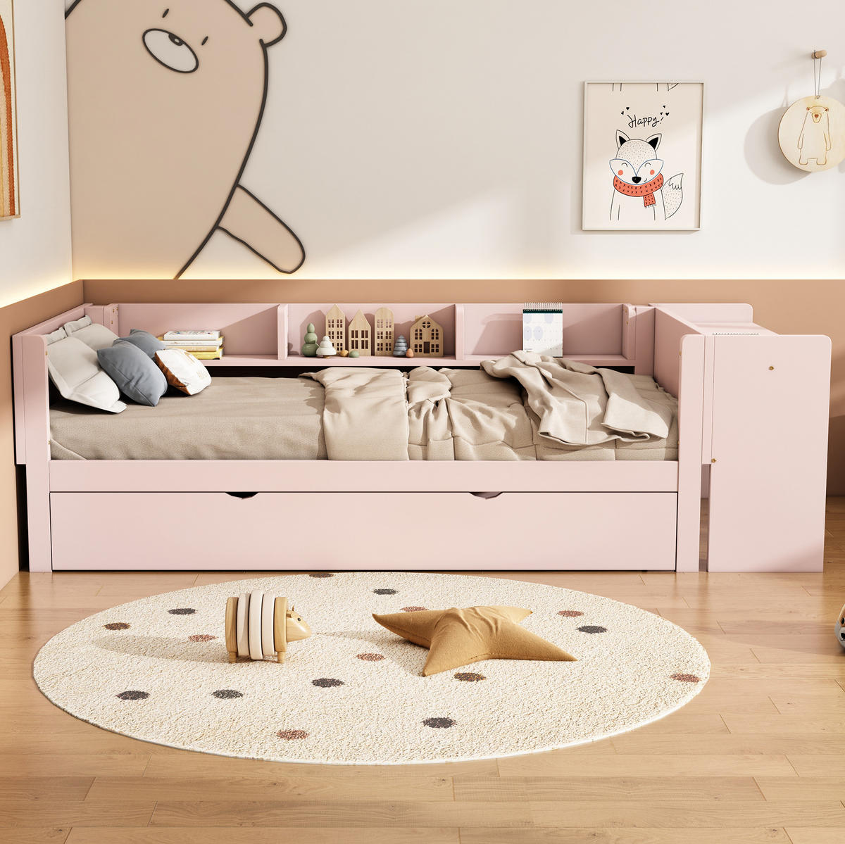 KINDERBETT 90/200 cm rosa mit ausziehbarem Bett und Schreibtisch - Rosa, Holz (90/200cm) - OKWISH