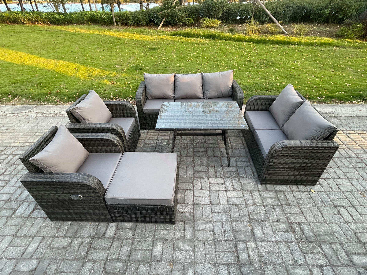 GARTENMÖBEL SET Polyrattan Dunkelgrau 8-Sitzer - Dunkelgrau/Grau, Glas/Kunststoff - Fimous