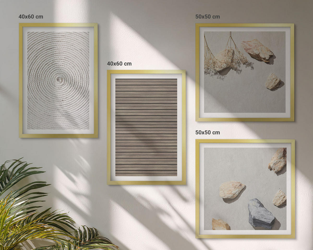WANDBILDER 4er Set - 50x50 cm & 40x60 cm Goldrahmen - Natürliche Texturen Holz Steine - Goldfarben, Kunststoff (50/50cm) - ArtPrintCave