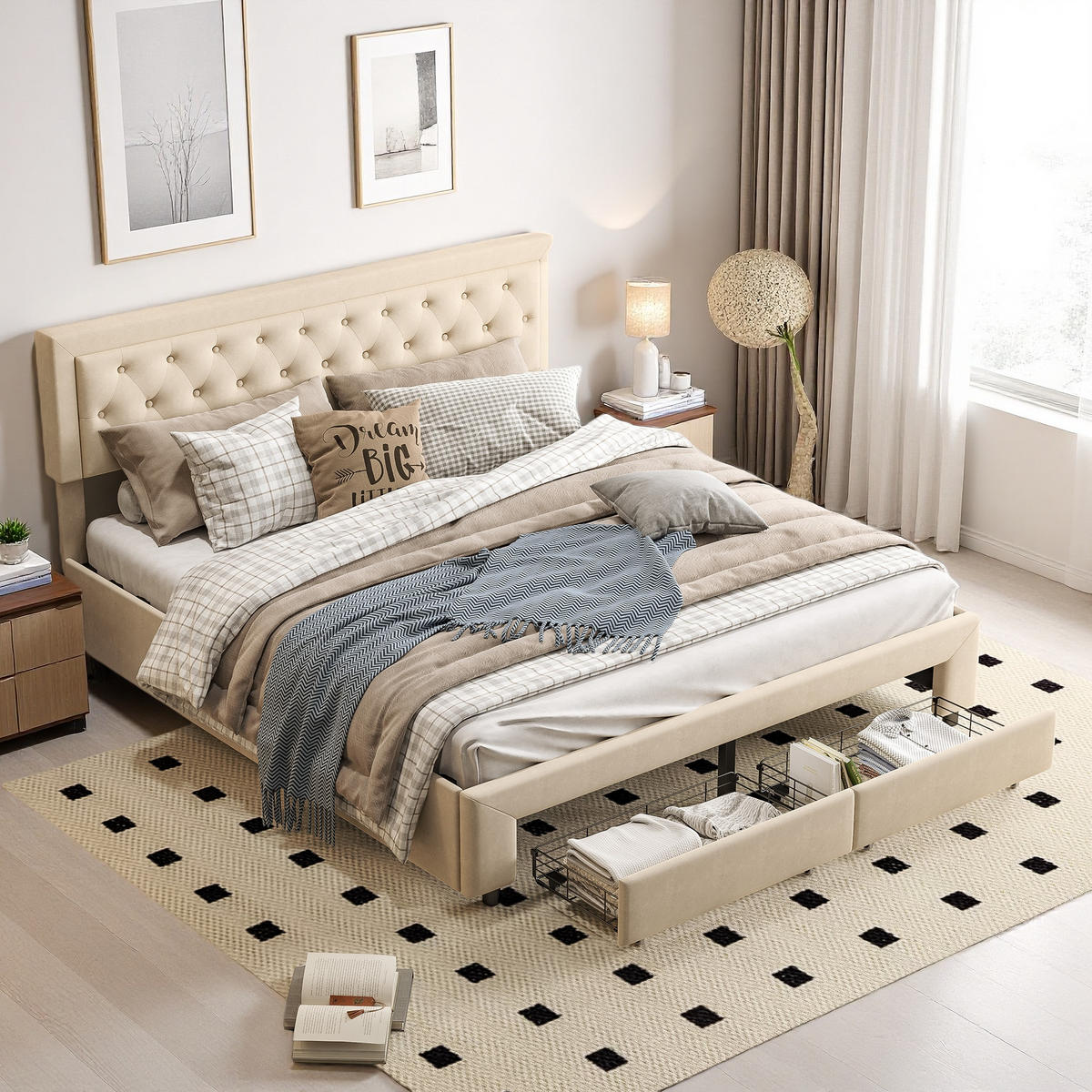POLSTERBETT 180/200 cm Beige mit Bettkasten und Schubladen - Beige, Holz (180/200cm) - SHOPENTRA