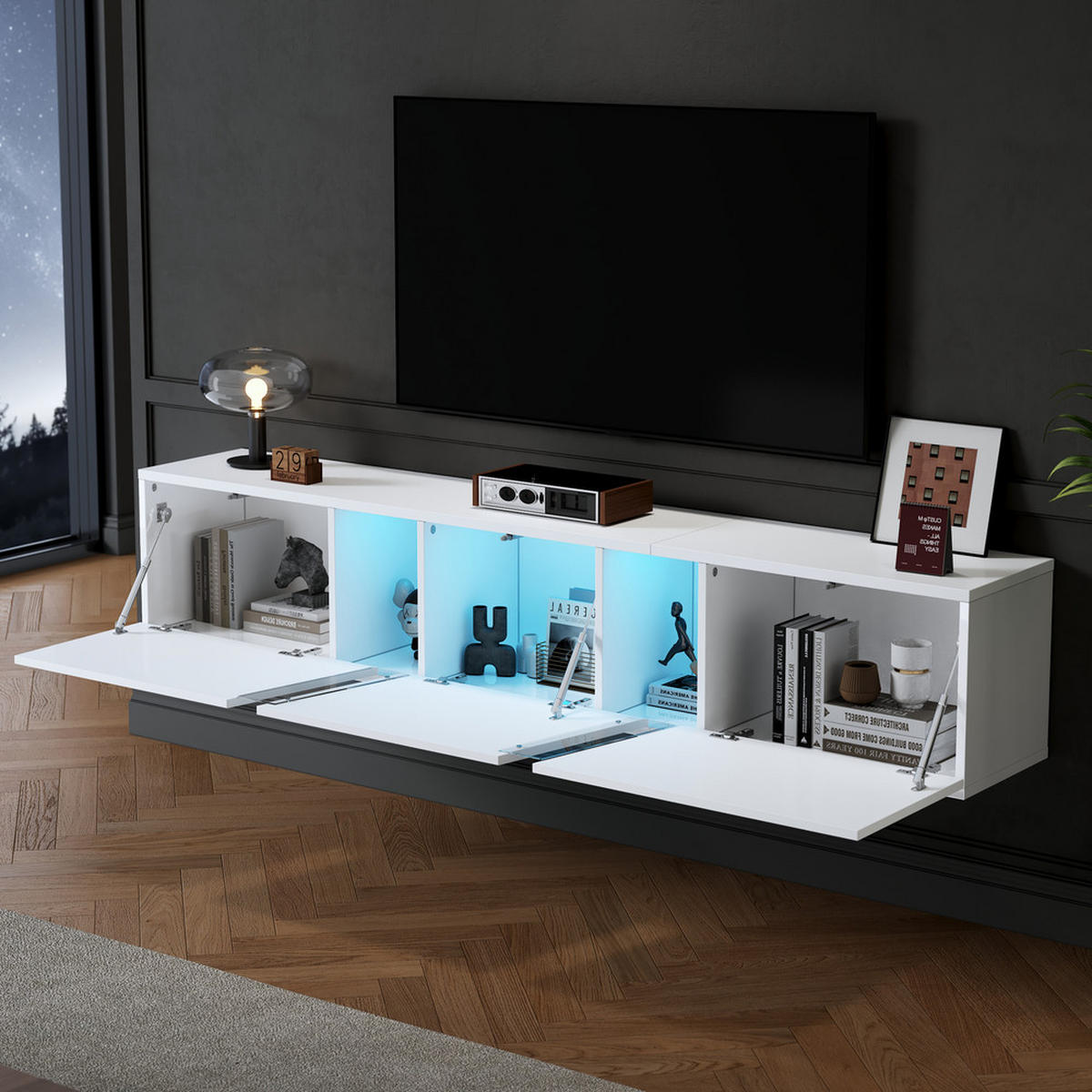 TV-SCHRANK 180x35cm wandmontierbar Hochglanz Weiß LED 3 Türen bis 75 Zoll - Weiß, Holz (43.82/17.15/132.08cm) - FLIEKS