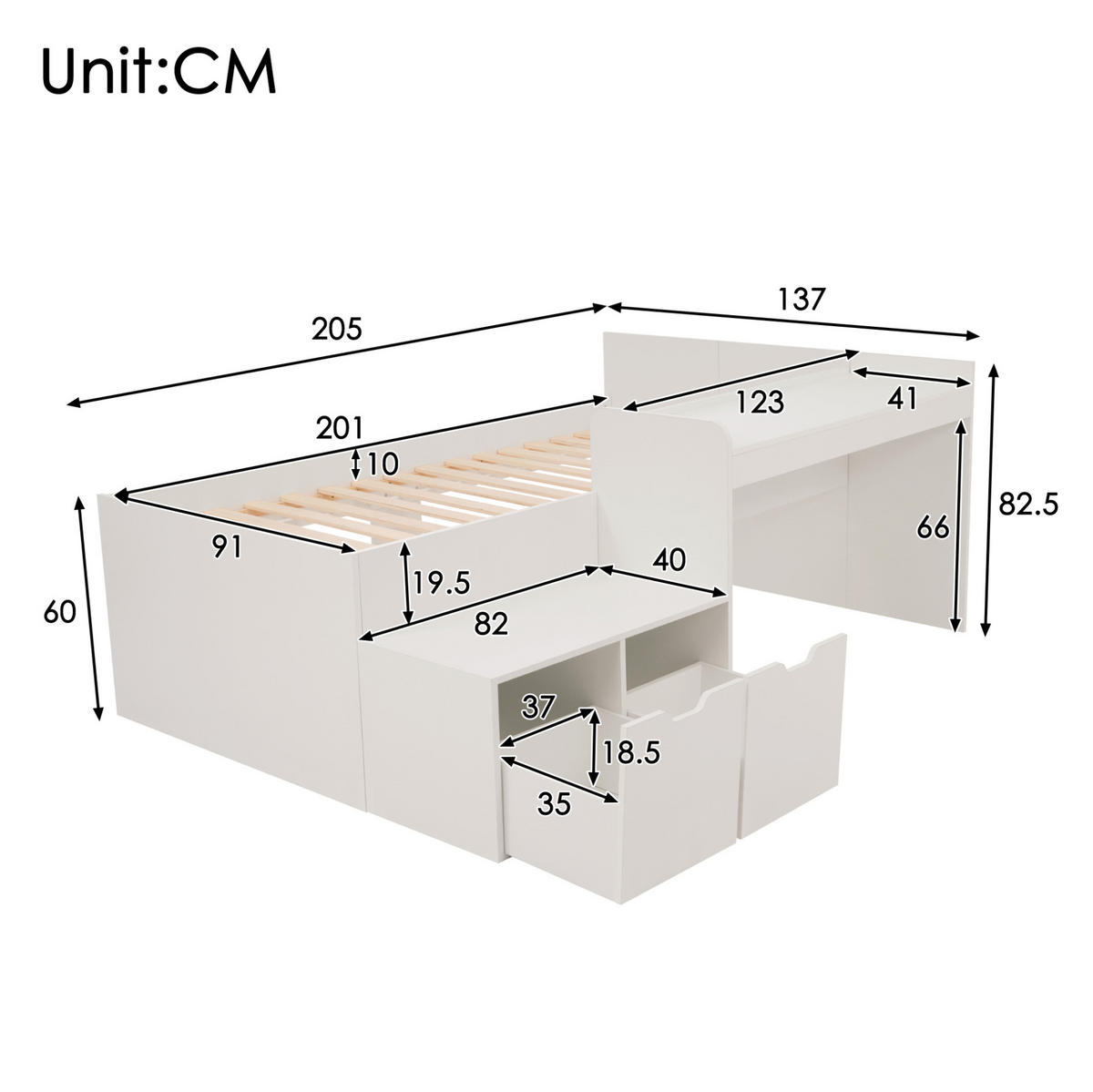 KINDERBETT 90/200 cm Weiß aus Kiefer-Massivholz und MDF mit Schreibtisch und Schubladen - Weiß, Holz (90/200cm) - OKMYHOME