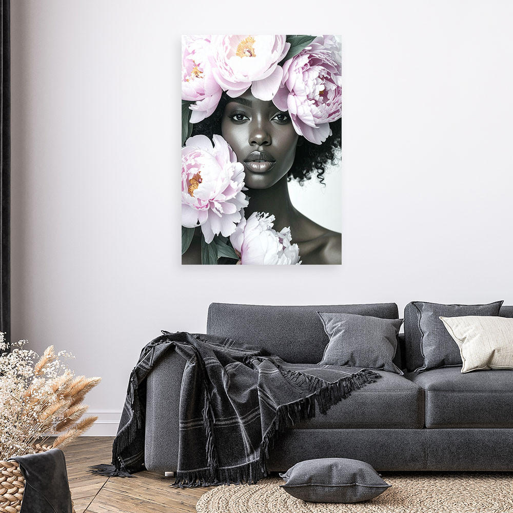 LEINWANDBILD Frau mit Pfingstrosenblüten auf dem Kopf 70x100cm - Grau, Textil (70/100cm) - Feeby