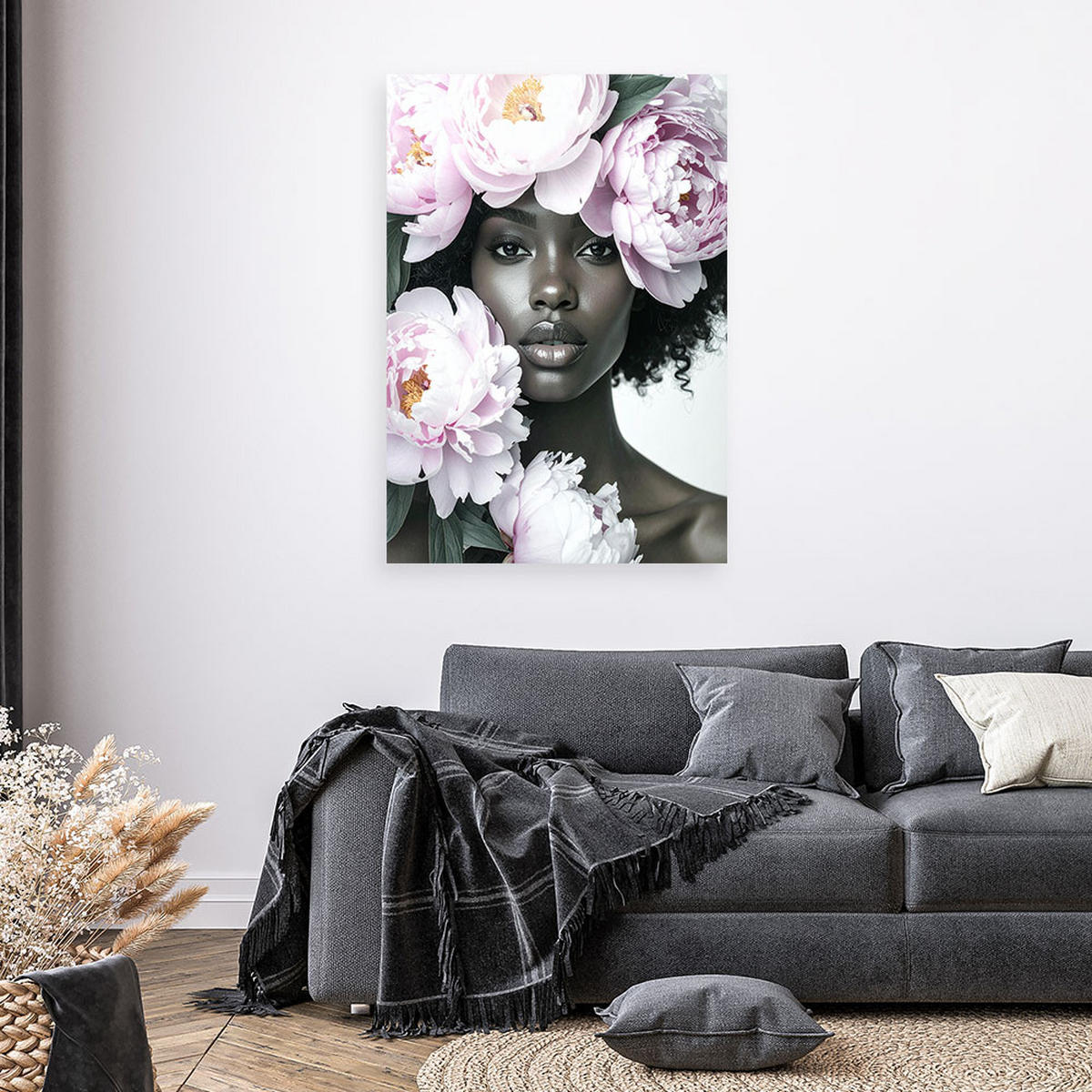 LEINWANDBILD Frau mit Pfingstrosenblüten auf dem Kopf 70x100cm - Grau, Textil (70/100cm) - Feeby