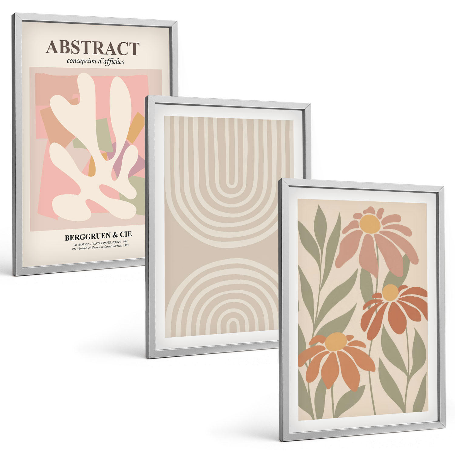 BILDER SET 3er Set - 40x60 cm Silberner Rahmen - Abstrakte Pflanzenformen - Silberfarben, Kunststoff (40/60cm) - TULUP