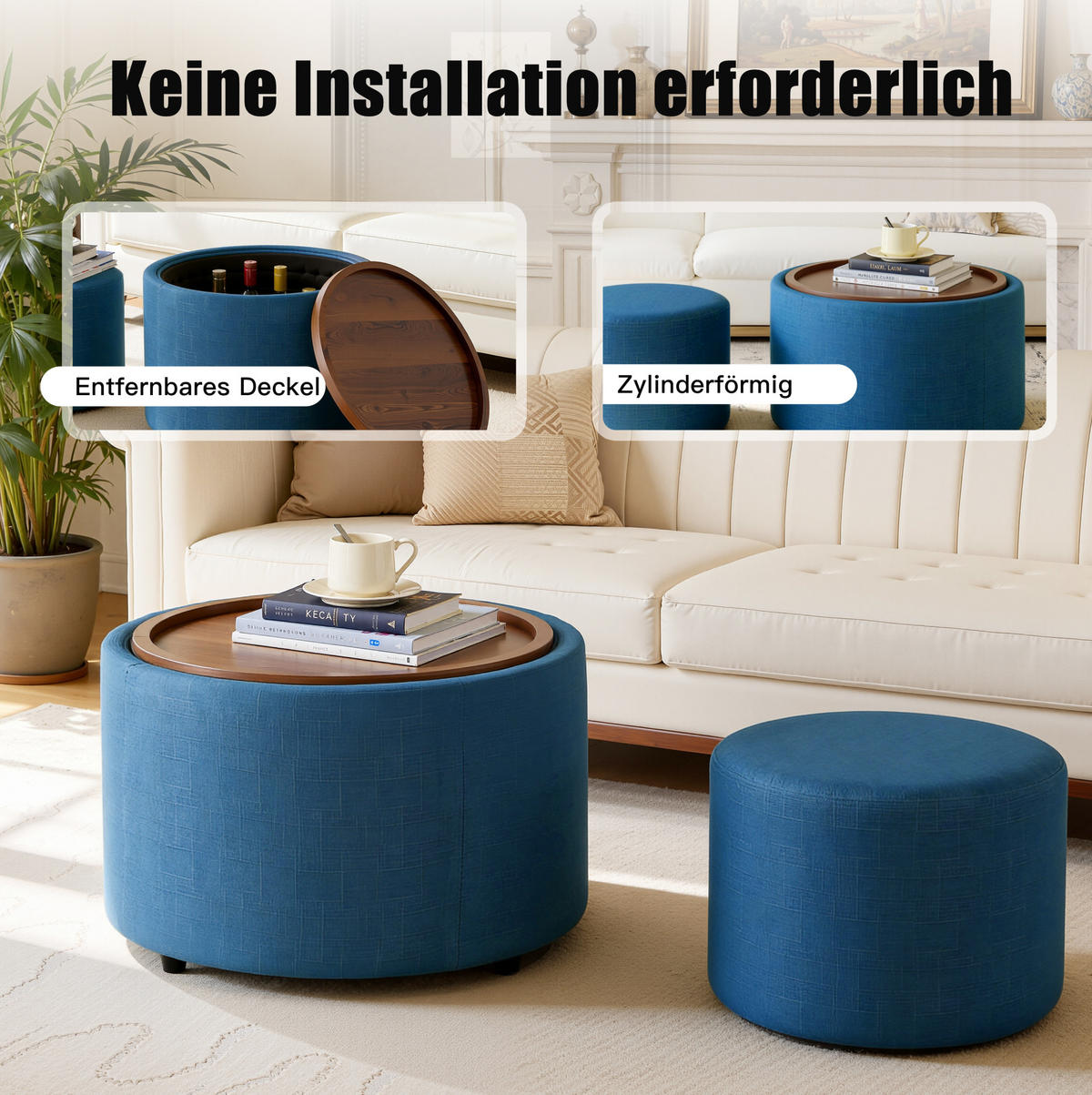 COUCHTISCH 58 cm Beige aus Leinen mit Stauraum - Blau, Textil (58/58/38cm) - OKMYHOME