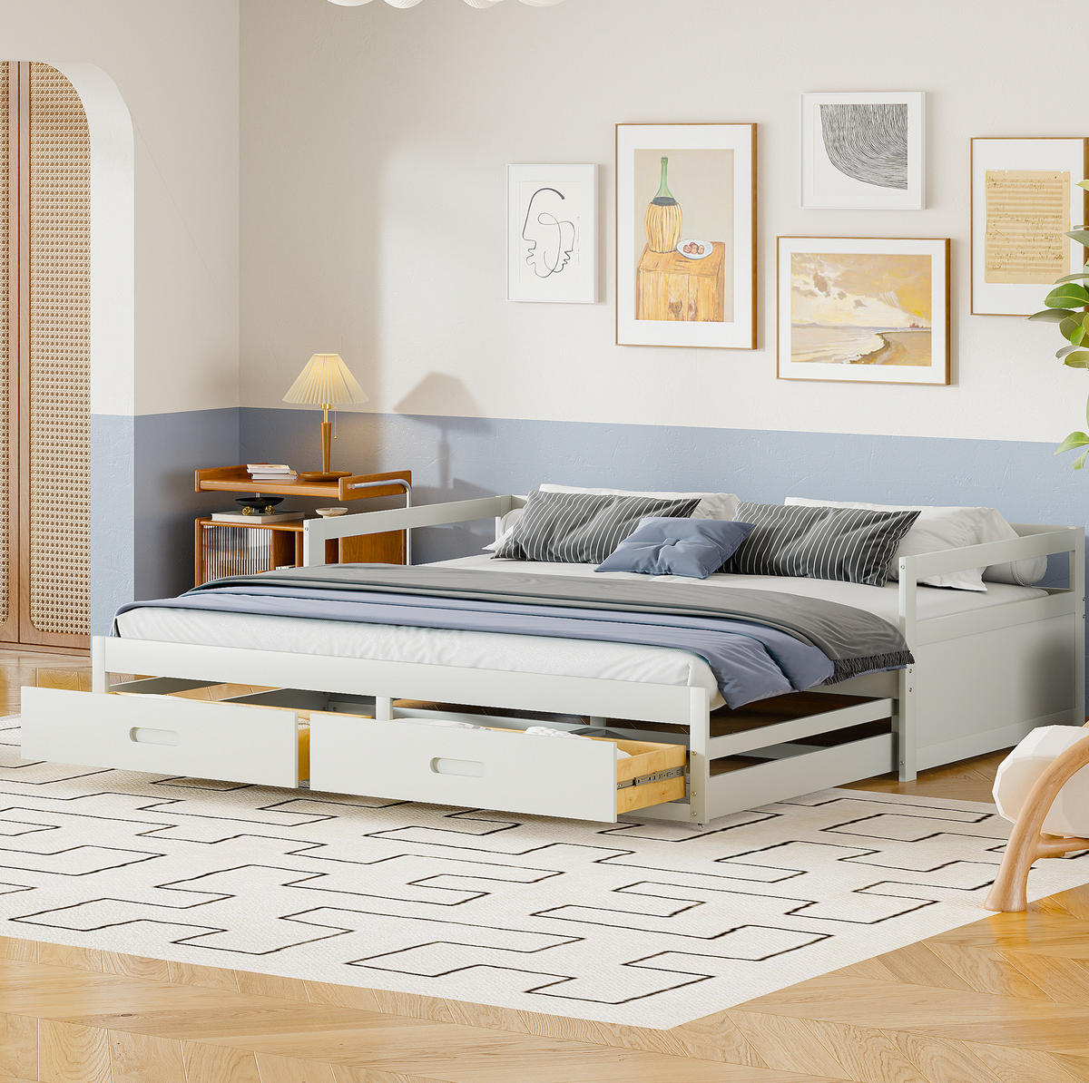 BETT aus Kiefernholz 90/180x200 cm Weiß mit Ausziehfunktion und 2 Schubladen - Weiß, Holzwerkstoff (90/200cm) - Modfu