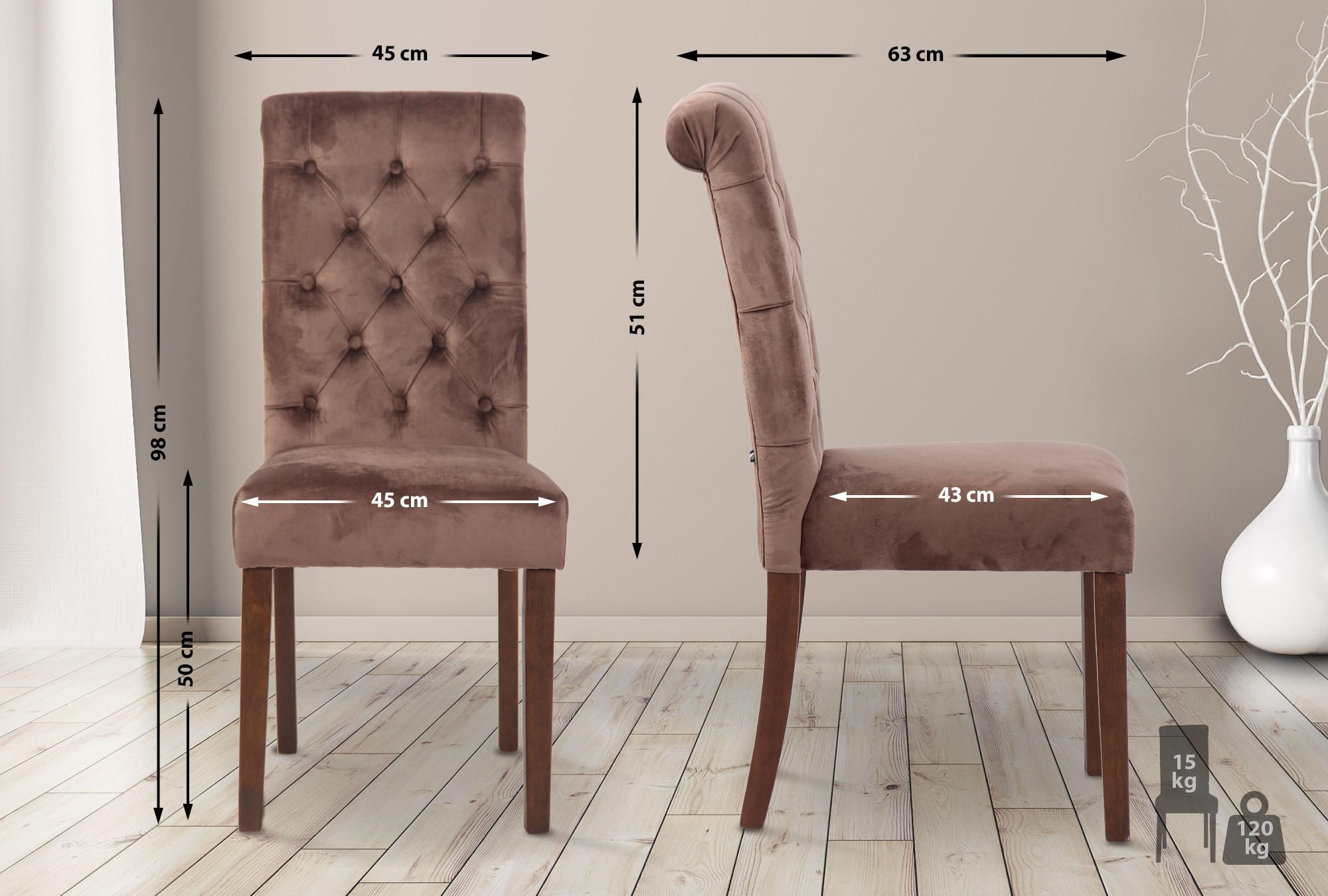 STUHL Samt braun - Walnussfarben/Braun, Holz/Textil (45/98/63cm) - CLP