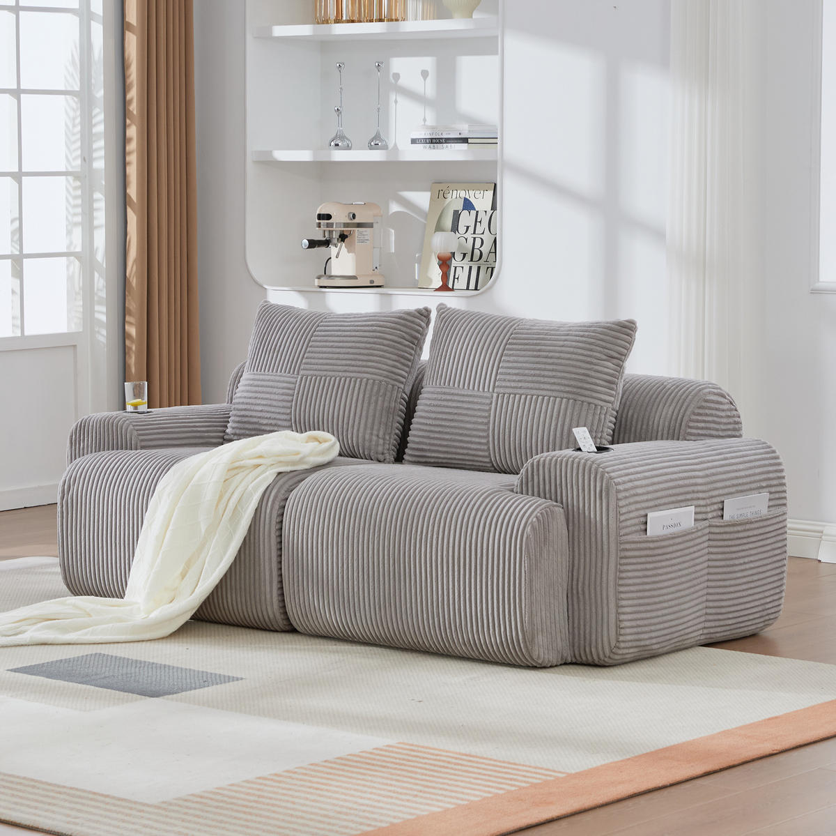 2-SITZER-SOFA aus Cord 200x99x80 cm in Hellgrau mit Cupholder & Seitentasche - Hellgrau, Textil (99/80/200cm) - Modfu