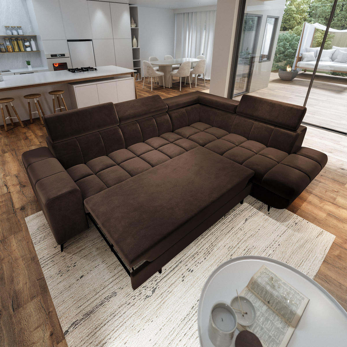 ECKSOFA MORIVA R-S Braun Velours-Stoff mit Schlaffunktion - Braun, Holz (253/190cm) - MASSENO