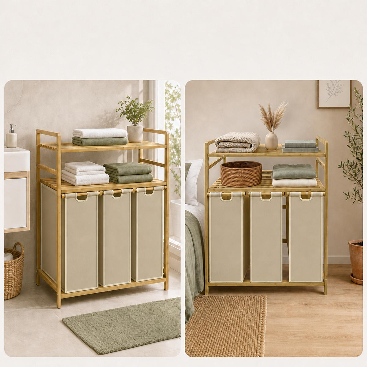WÄSCHESAMMLER Natur Beige 3er-Set Bambus - Multicolor, Holz/Textil (78/100/41.5cm) - Relaxdays