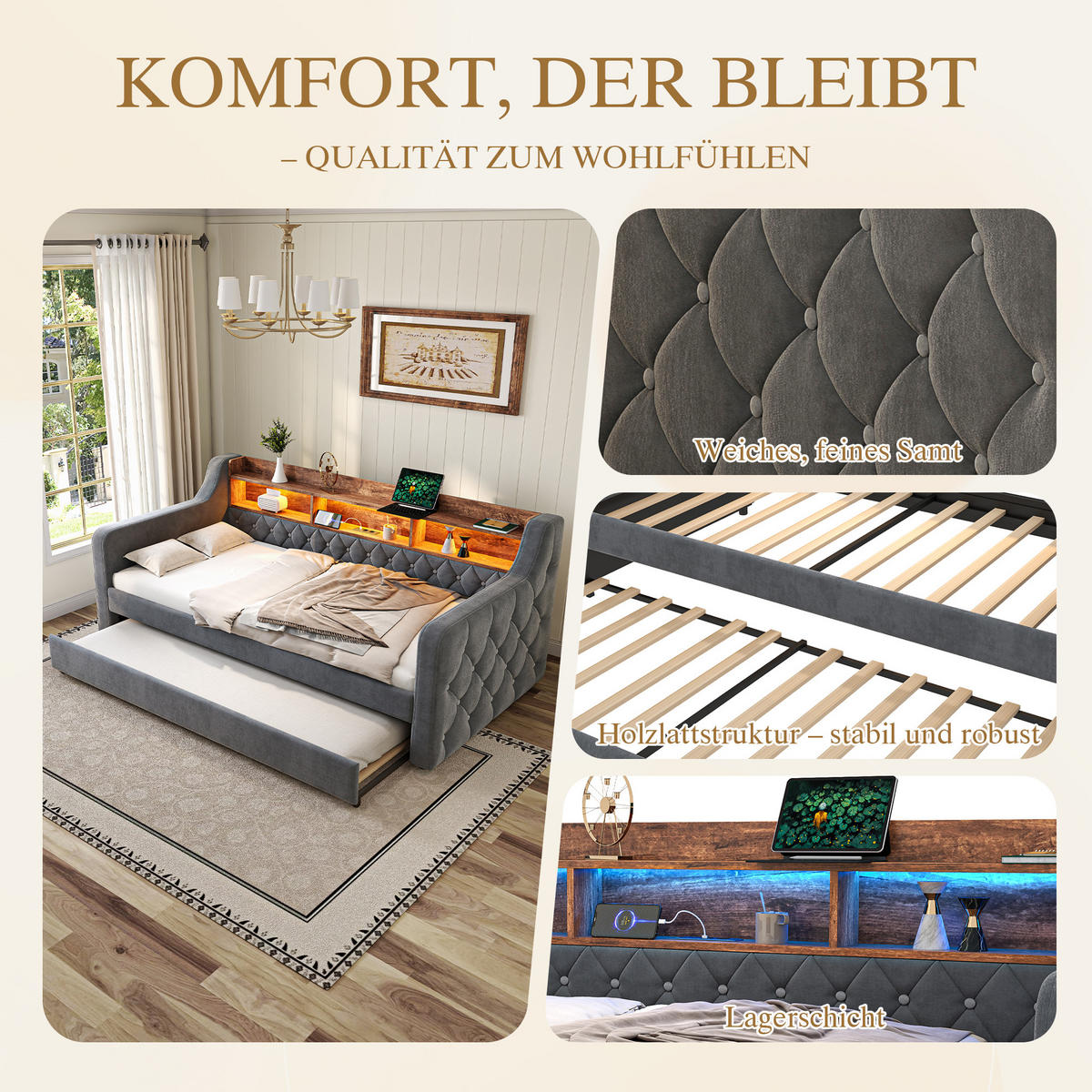 SCHLAFSOFA 90/190 cm in Dunkelgrau Samt mit Stauraum, LED und USB-C - Dunkelgrau, Holzwerkstoff/Textil (90/190cm) - WISHDOR