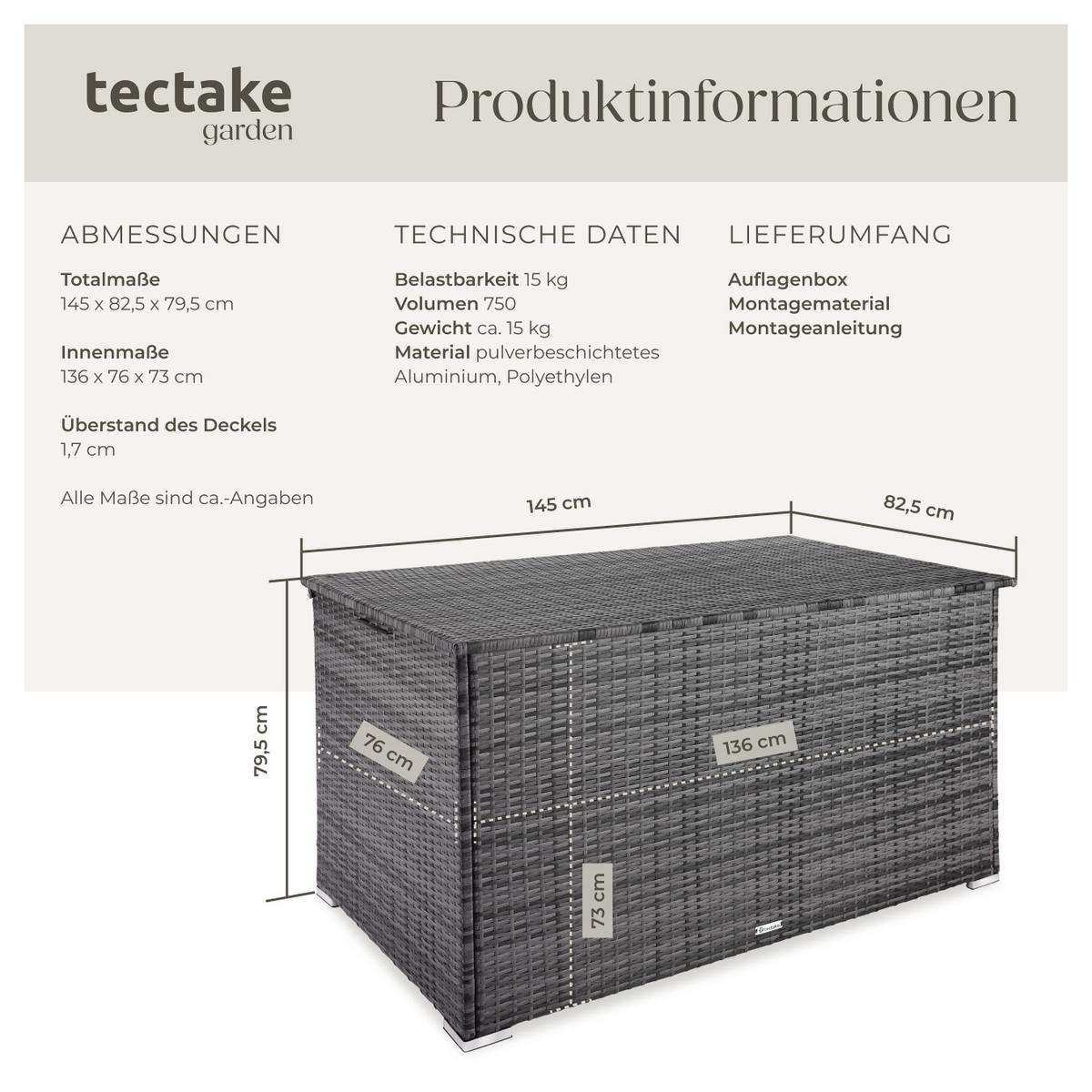AUFLAGENBOX Oslo,145 x 82,5 x 79,5 cm,grau - Grau, Kunststoff (82.5/79.5/145cm) - tectake