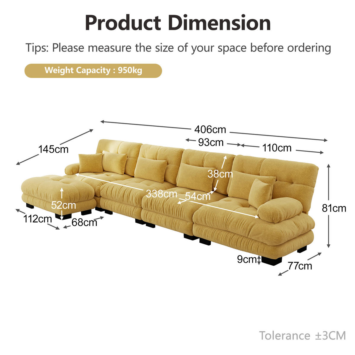 L-FÖRMIGES ECKSOFA Gelb 406/145/81 cm 4-Sitzer Modular mit Hocker - Gelb, Textil (406/145cm) - PANGIVO