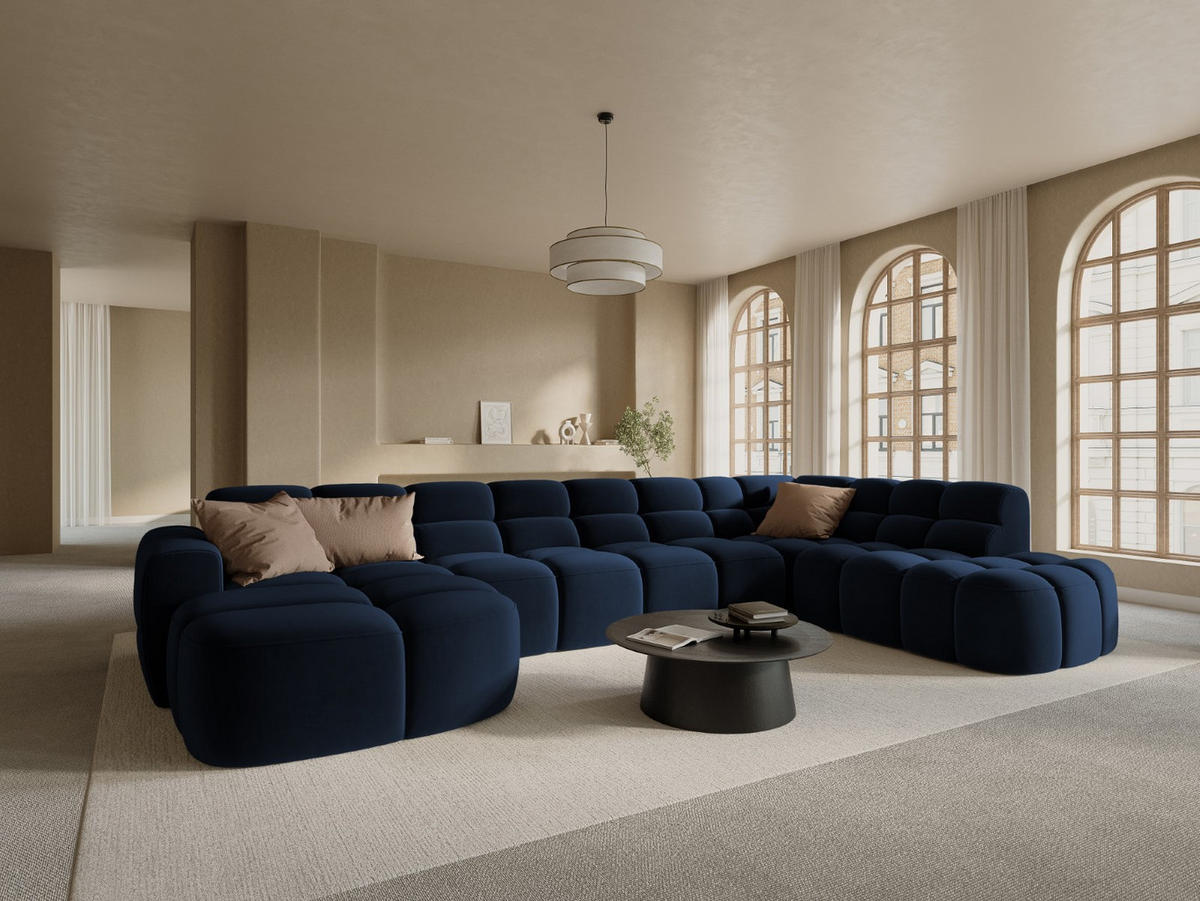 PANORAMASOFA rechts Lisa aus Samt königsblau 7 Sitzplätze - Dunkelblau, Textil (234/77/387cm) - Micadoni