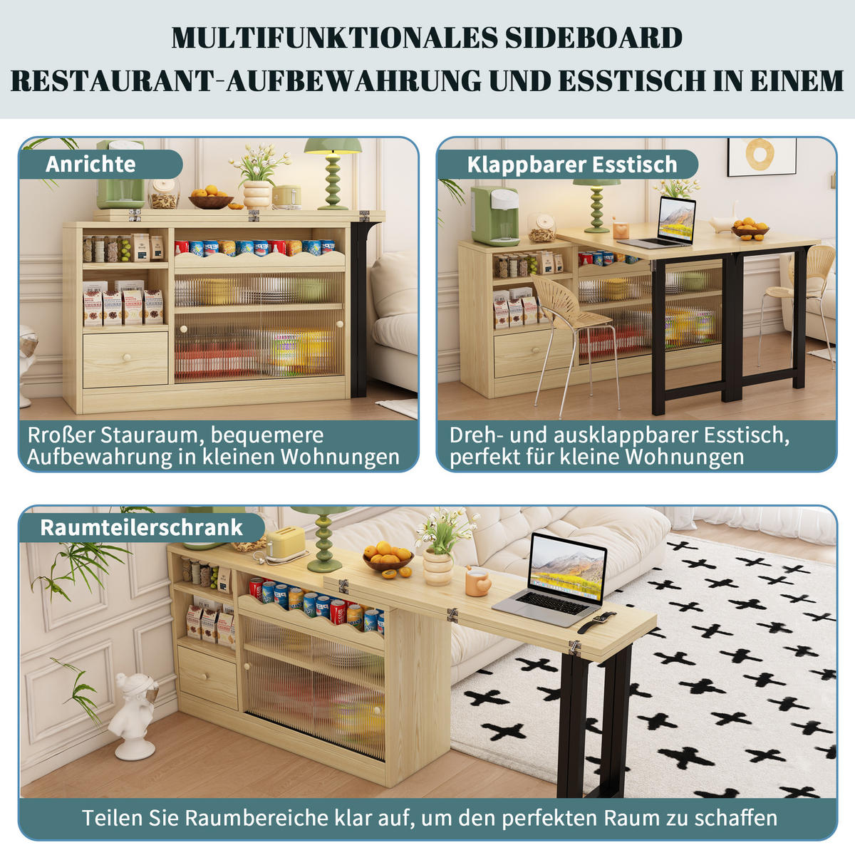 ESSTISCH Multifunktions & Sideboard (klappbar) mit Stauraum - Naturfarben, Holzwerkstoff/Metall (110/120/75cm) - Urban Meuble