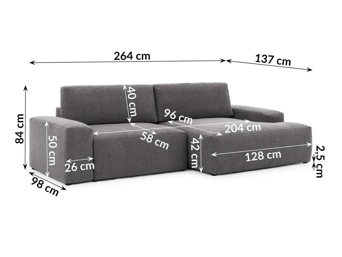 ECKSOFA Lennon aus Graphit Strukturstoff mit Schlaffunktion und Bettkasten - Graphitfarben/Schwarz, Holz/Kunststoff (264/137cm) - S-Style