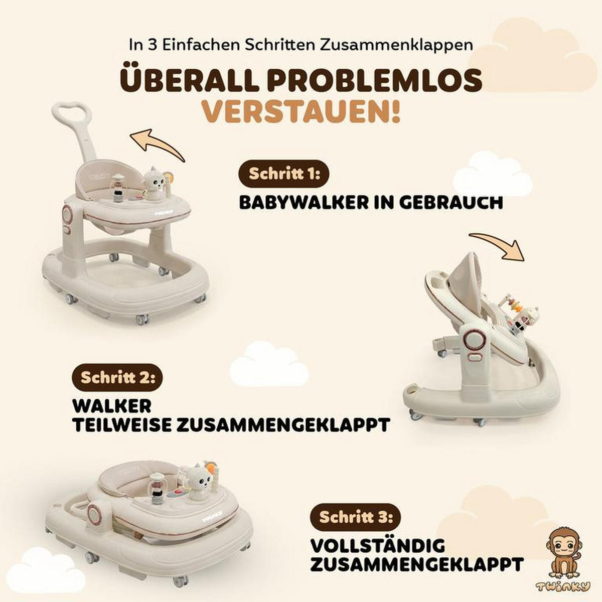 LAUFLERNHILFE GO 3 in 1 Creme - Lauflernwagen mit Spielset und Zubehör - Beige, Kunststoff (70/70cm) - Twinky