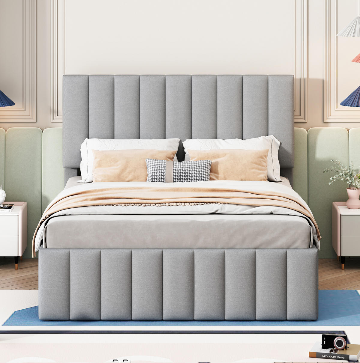 POLSTERBETT 140/200 cm mit Ausziehbett und 3 Schubladen, gepolstertes Kopfteil - Grau, Textil (140/200cm) - BEAOK