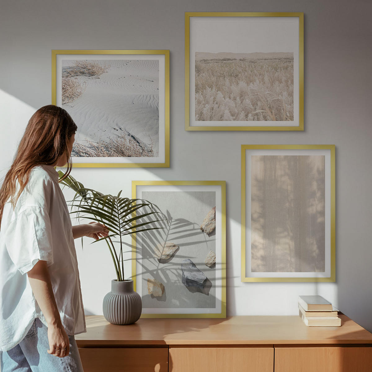 WANDBILDER 4er Set - 50x50 cm & 40x60 cm Goldrahmen - Boho-Naturtexturen - Goldfarben, Kunststoff (50/50cm) - ArtPrintCave