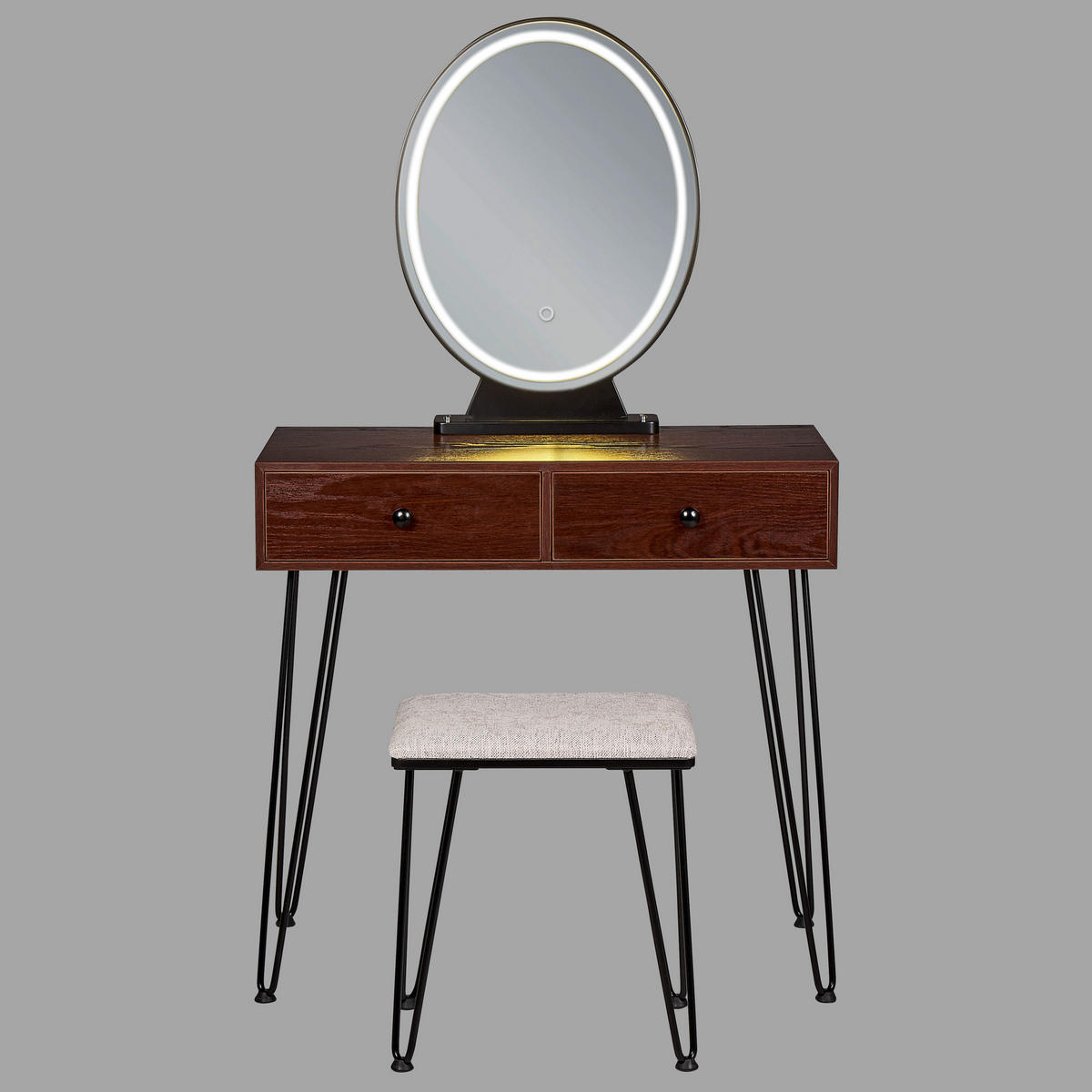 SCHMINKTISCH mit ovalem LED-Spiegel Hocker 2 Schubladen dunkler Holzfarbton/schwarz Loix - Dunkelbraun/Schwarz, Holzwerkstoff (80/137/40cm) - Beliani