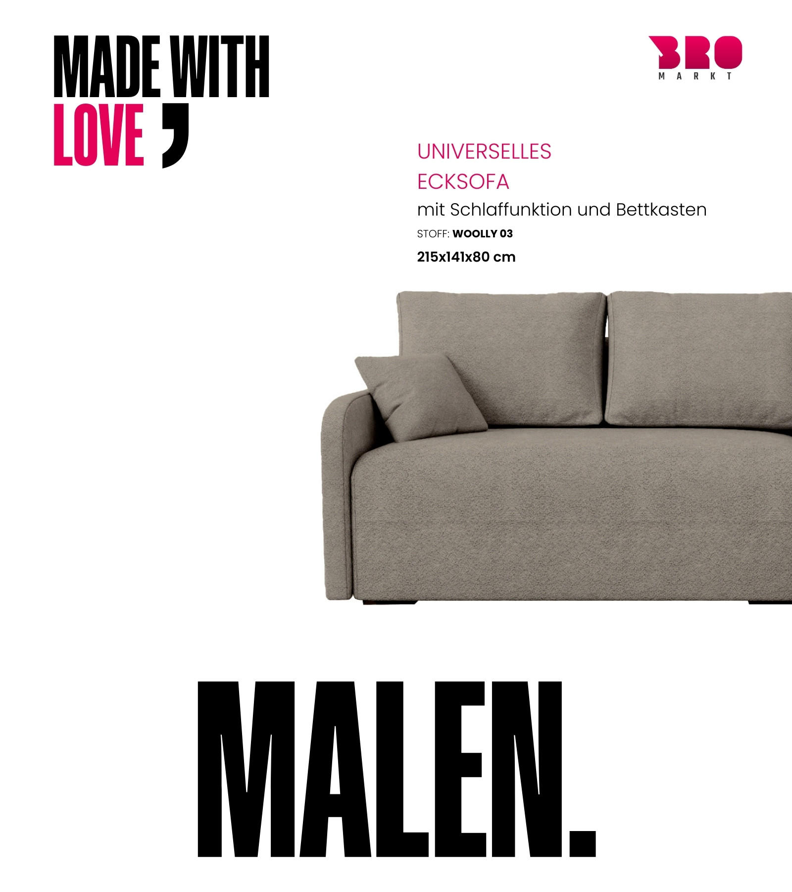 ECKSOFA Malen mit Schlaffunktion Braun Bouclé - Greige, Textil (215/141cm) - Bromarkt
