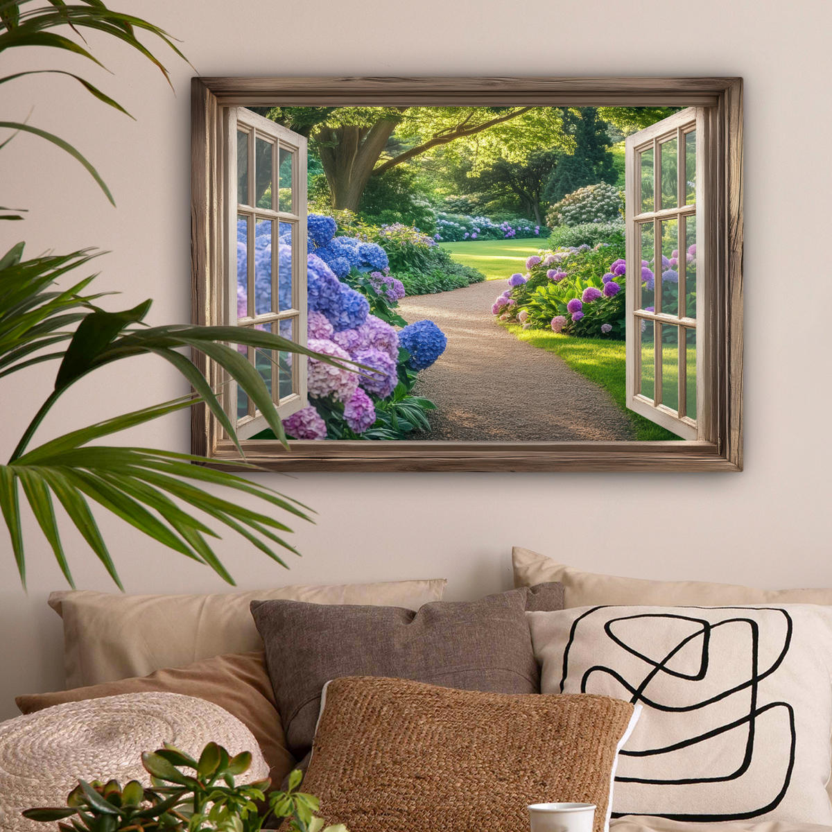 LEINWANDBILD Aussicht - Garten - Fenster - Hortensie - Blumen Wandbilder 80x60 cm - Pastellblau, Textil (80/60cm) - MuchoWow