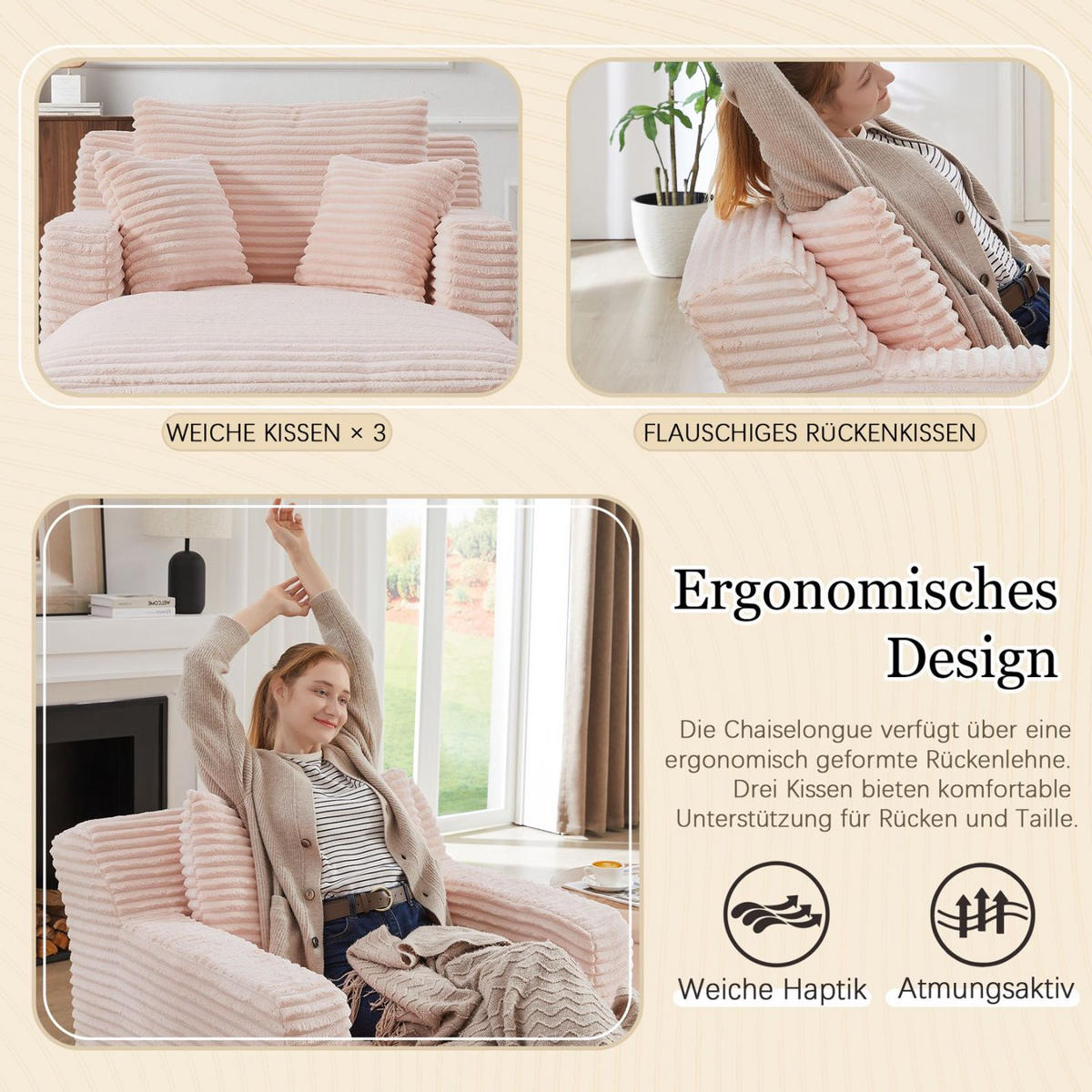 SOFA Cord Pink - Rosa, Textil (100/82/166cm) - WISHDOR