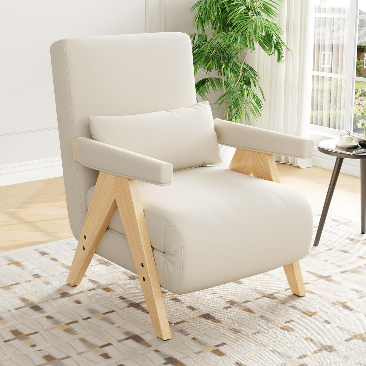 SCHLAFSESSEL aus Leinenstoff 87x64x60 cm Beige mit 3-in-1-Funktion, 6-fach verstellbarer Rückenlehne und Kissen - Beige, Textil (64/87/60cm) - Modfu