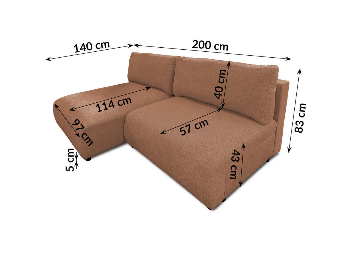 ECKSOFA Sora mit Schlaffunktion, Bettkasten und extra tiefer Komfortzone aus hochwertigem Terrakotta Strukturstoff - Terracotta/Schwarz, Holz/Kunststoff (140/200cm) - S-Style
