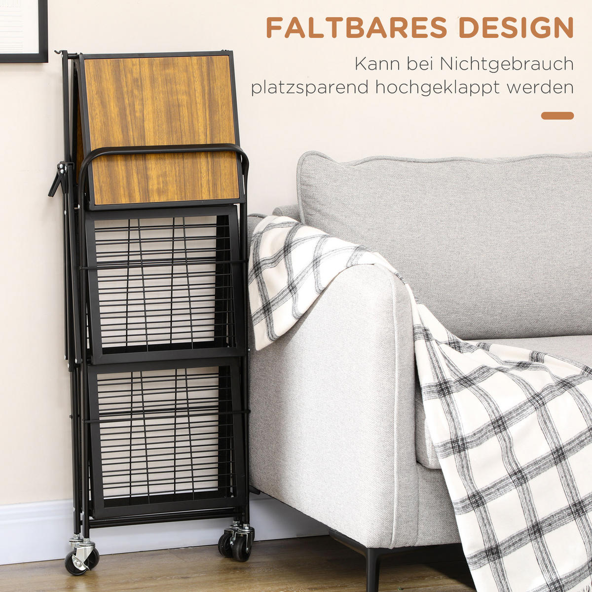 ROLLWAGEN, Klappbarer Küchenwagen, Servierwagen mit 3 Ebenen, Griff, Stahl - Multicolor, Holzwerkstoff (35/85/68cm) - HOMCOM