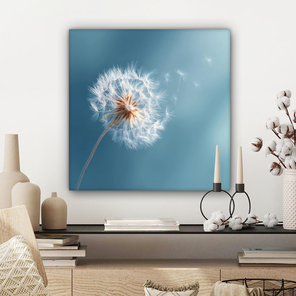 LEINWANDBILD Löwenzahn - Wind - Blau Wandbild Wohnzimmer 50x50 cm - Blaugrau, Textil (50/50cm) - MuchoWow