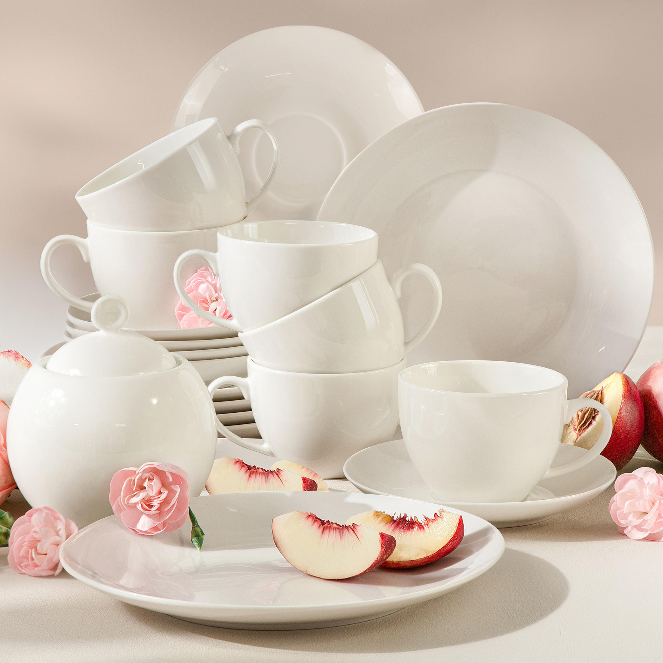 KAFFEESERVICE 6 Personen AD BELLA 19-tlg,Porzellan, ecru - Ecru, Keramik (20/2.5/20cm) - KONSIMO®
