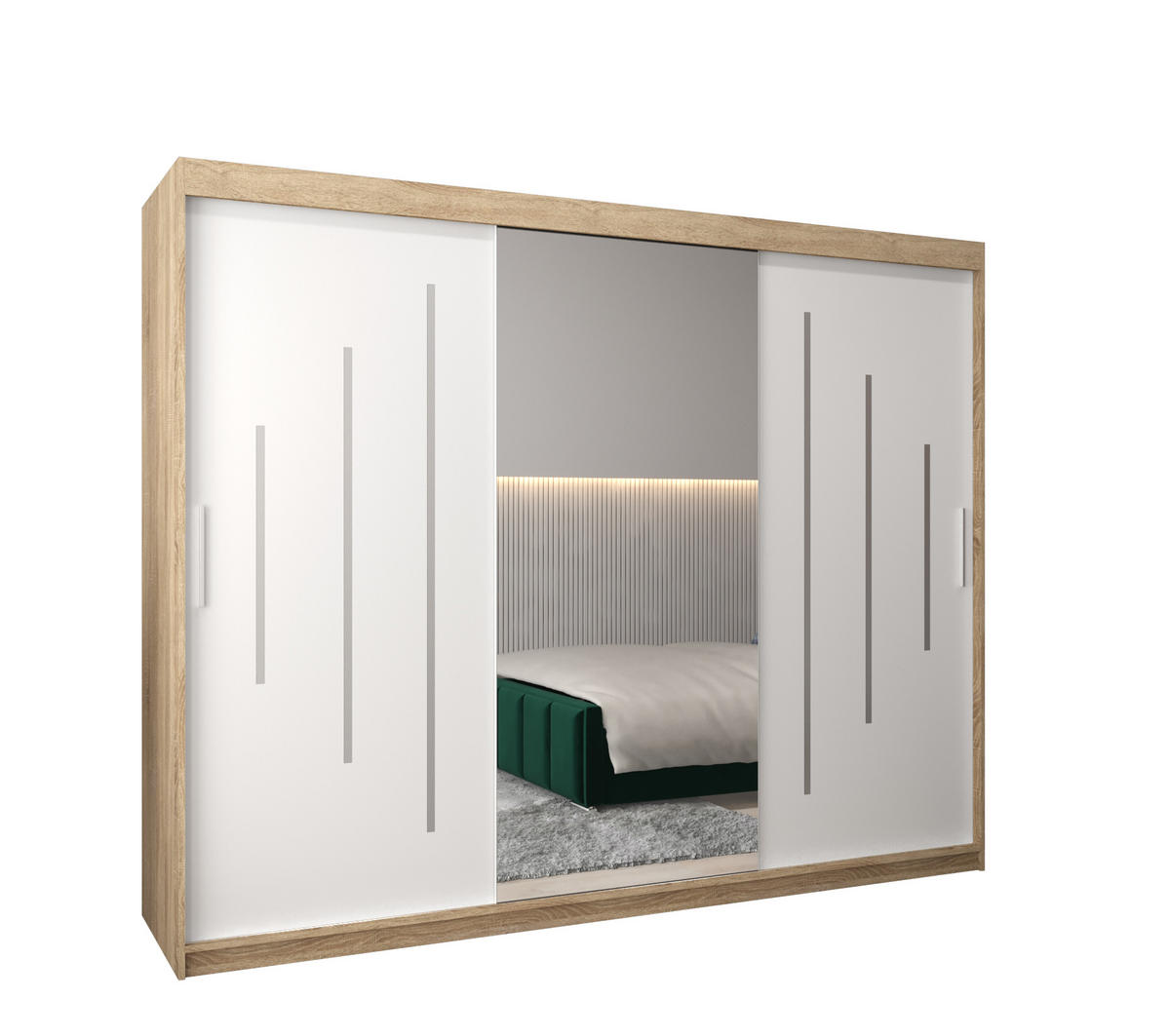 SCHWEBETÜRENSCHRANK 200/250/62 3-türig - Silberfarben/Weiß, Holz/Kunststoff (250/200/62cm) - Abiks Möbel