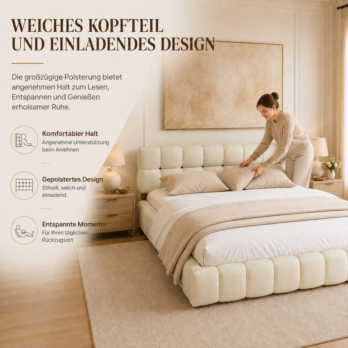 POLSTERBETT 140/190 cm in Beige, Puff Stoffbett mit gepolsterter Rahmen, modernes Schlafzimmer Bettgestell - Beige, Holz/Metall (140/190cm) - Joyfair