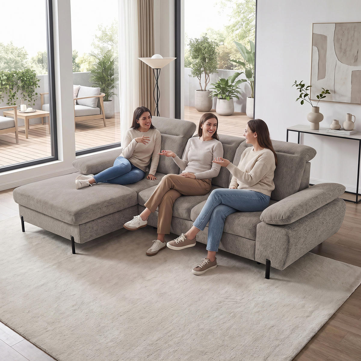 ECKSCHLAFSOFA Sora Mini mit verstellbaren Kopfstützen und Schlaffunktion, Chenille-Stoff, Hellbraun, Links - Hellbraun/Schwarz, Textil (285/190cm) - Beautysofa
