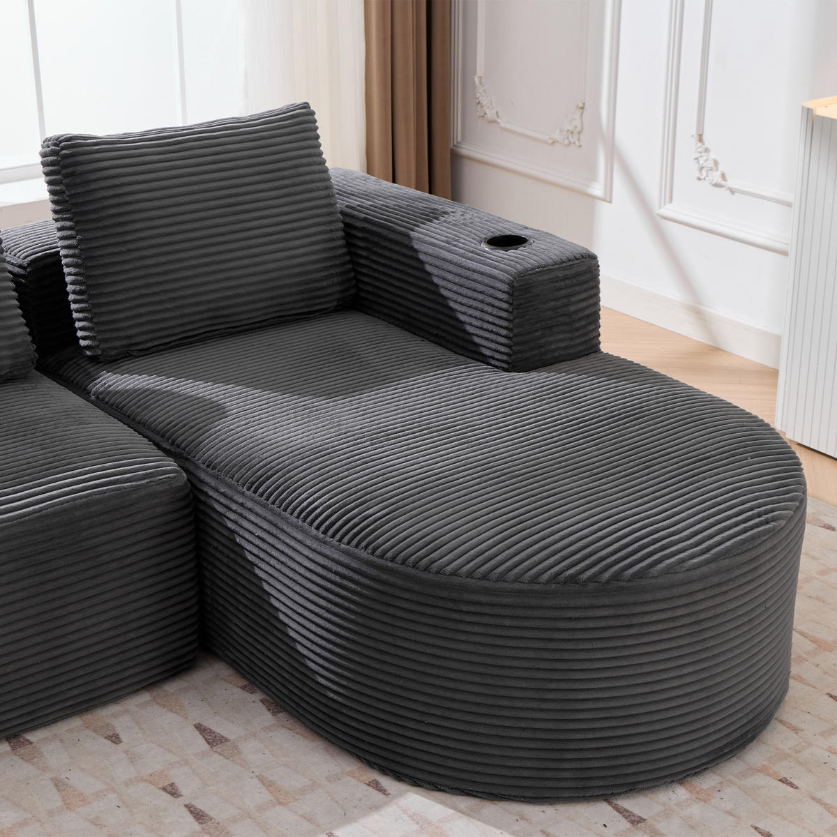 2-SITZER ECKSOFA Cord Dunkelgrau mit Kissen und Becherhalter - Dunkelgrau, Textil (265/176cm) - WISHDOR