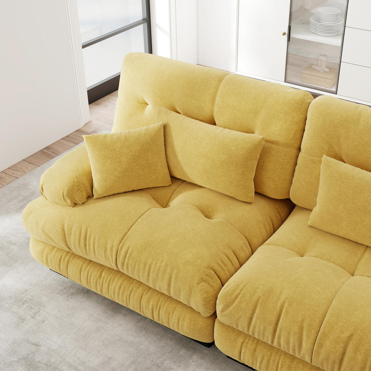 ECKSOFA 220/145/81 cm gelb aus Chenille mit Ottomane und Kissen - Gelb, Textil (145/220cm) - OKWISH