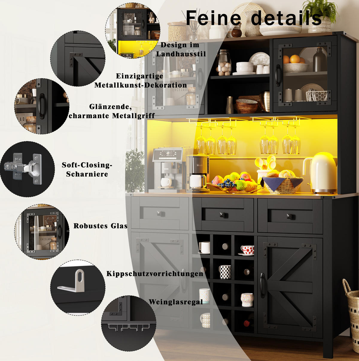 BUFFET 120/170/40 cm Schwarz aus MDF und Glas mit LED-Lichtleiste - Schwarz, Holzwerkstoff (40/170/120cm) - OKMYHOME