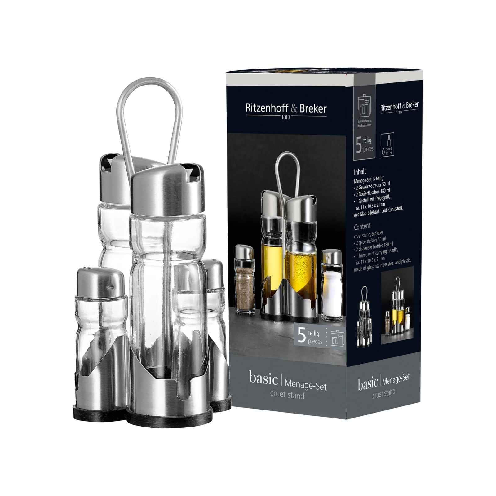 MENAGESET Basic transparent-silber 5-tlg. - Transparent/Silberfarben, Glas/Metall (10.5/22/11cm) - Ritzenhoff Breker