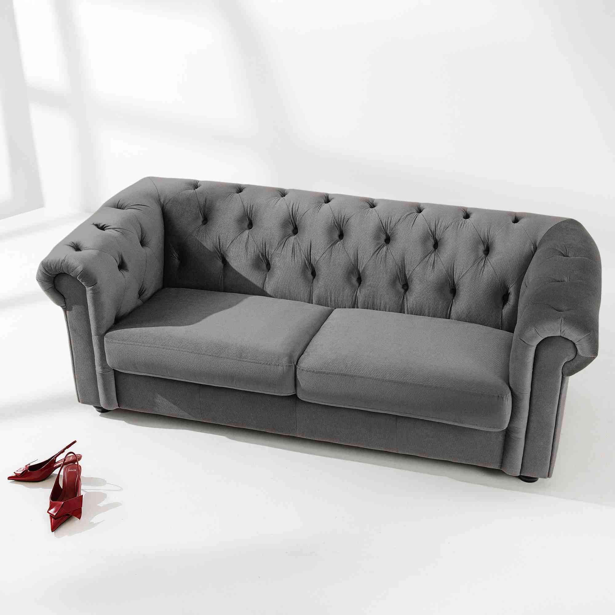 3-SITZER-SOFA GRAVO Chesterfield, Velours - Wengefarben/Grau, Leder/Holz (202/72/95cm) - KONSIMO®