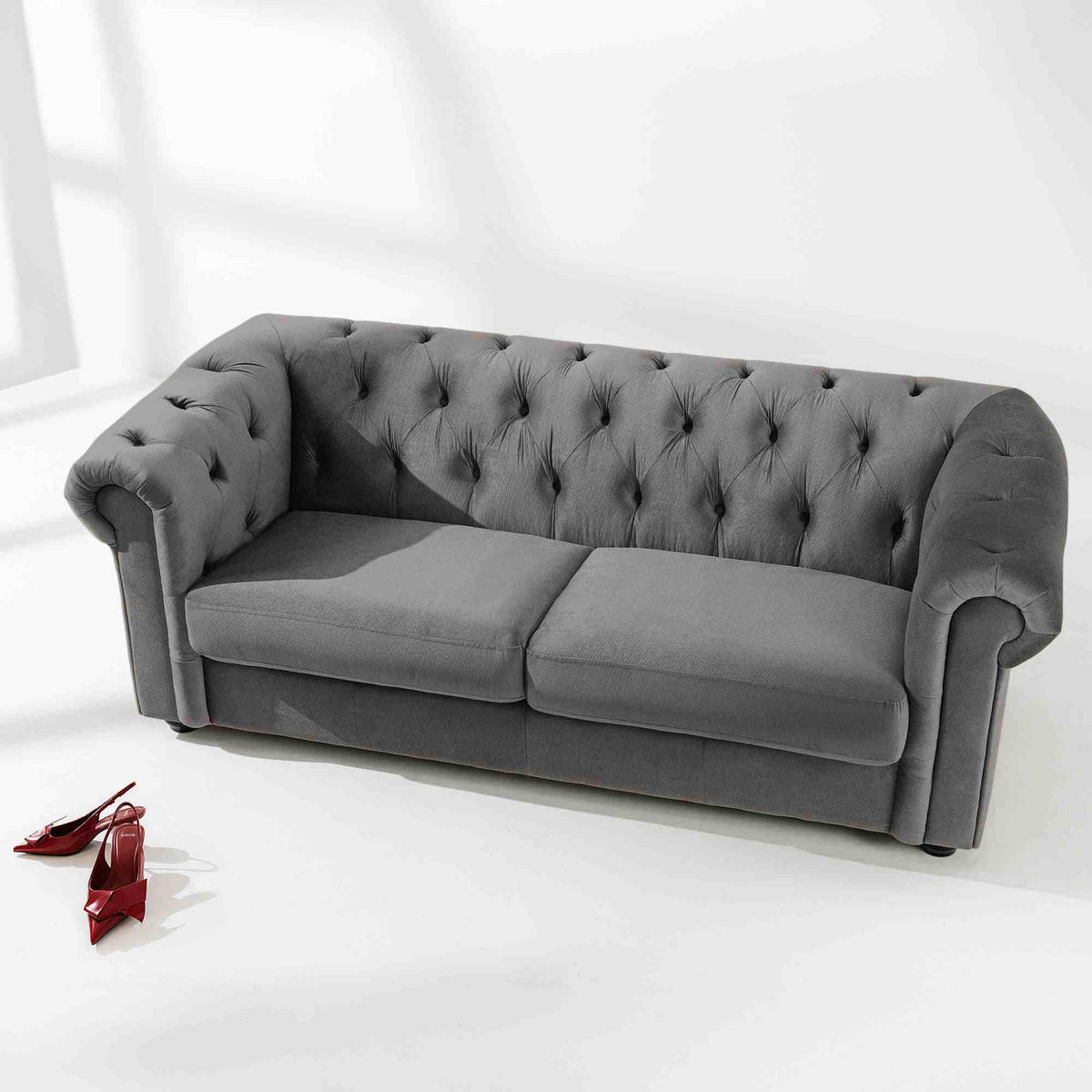 3-SITZER-SOFA GRAVO Chesterfield, Velours - Wengefarben/Grau, Leder/Holz (202/72/95cm) - KONSIMO®