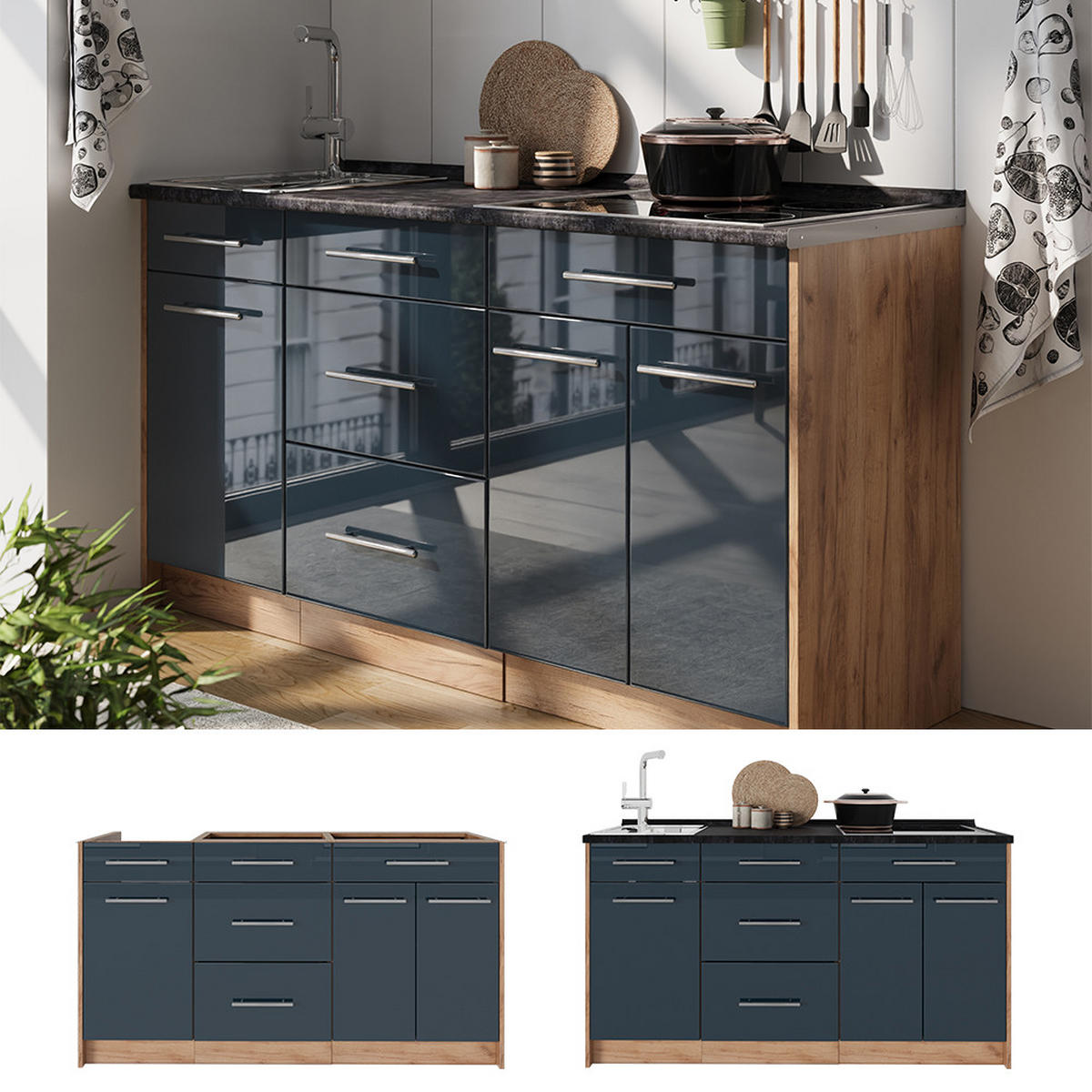 KUCHYNSKÝ BLOK Fame-Line, Tmavo modrá vysoký lesk, 150 cm, AP Marble - tmavomodrá/dub medový, kompozitné drevo (150/82/60cm) - Vicco