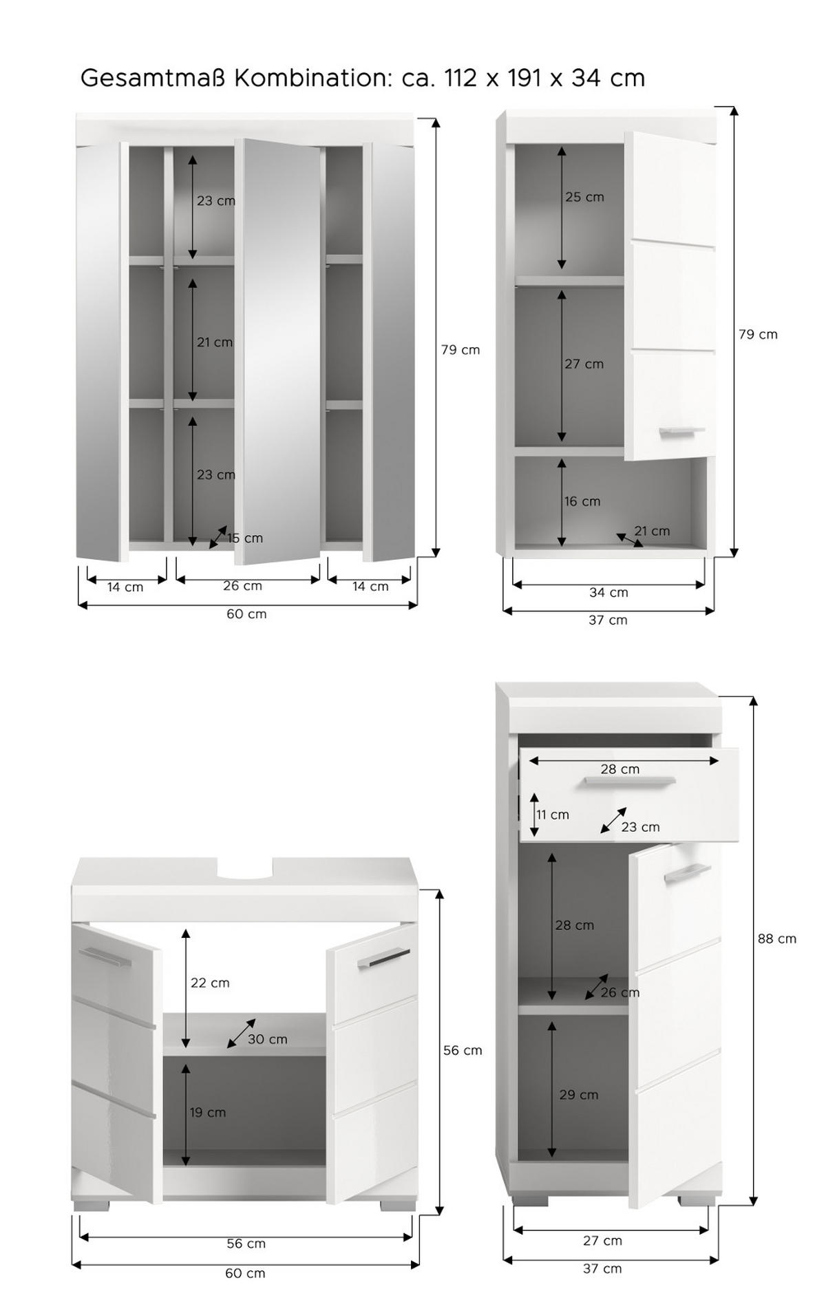 BADMÖBEL-SET weiß Hochglanz 4-teilig 112 cm, Komplettset mit viel Stauraum - Weiß Hochglanz, Glas/Holzwerkstoff (112/191/34cm) - Inn.Furn