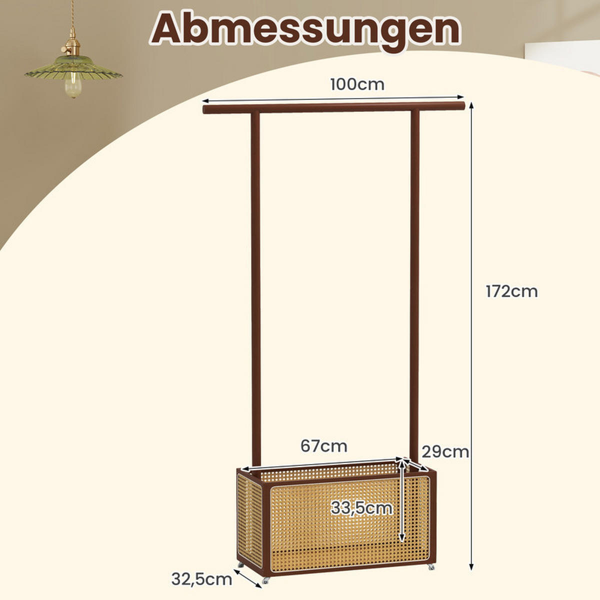 GARDEROBENSTÄNDER mit PE-Rattan-Aufbewahrungskorb braun - Braun, Naturmaterialien (100/172/32.5cm) - COSTWAY