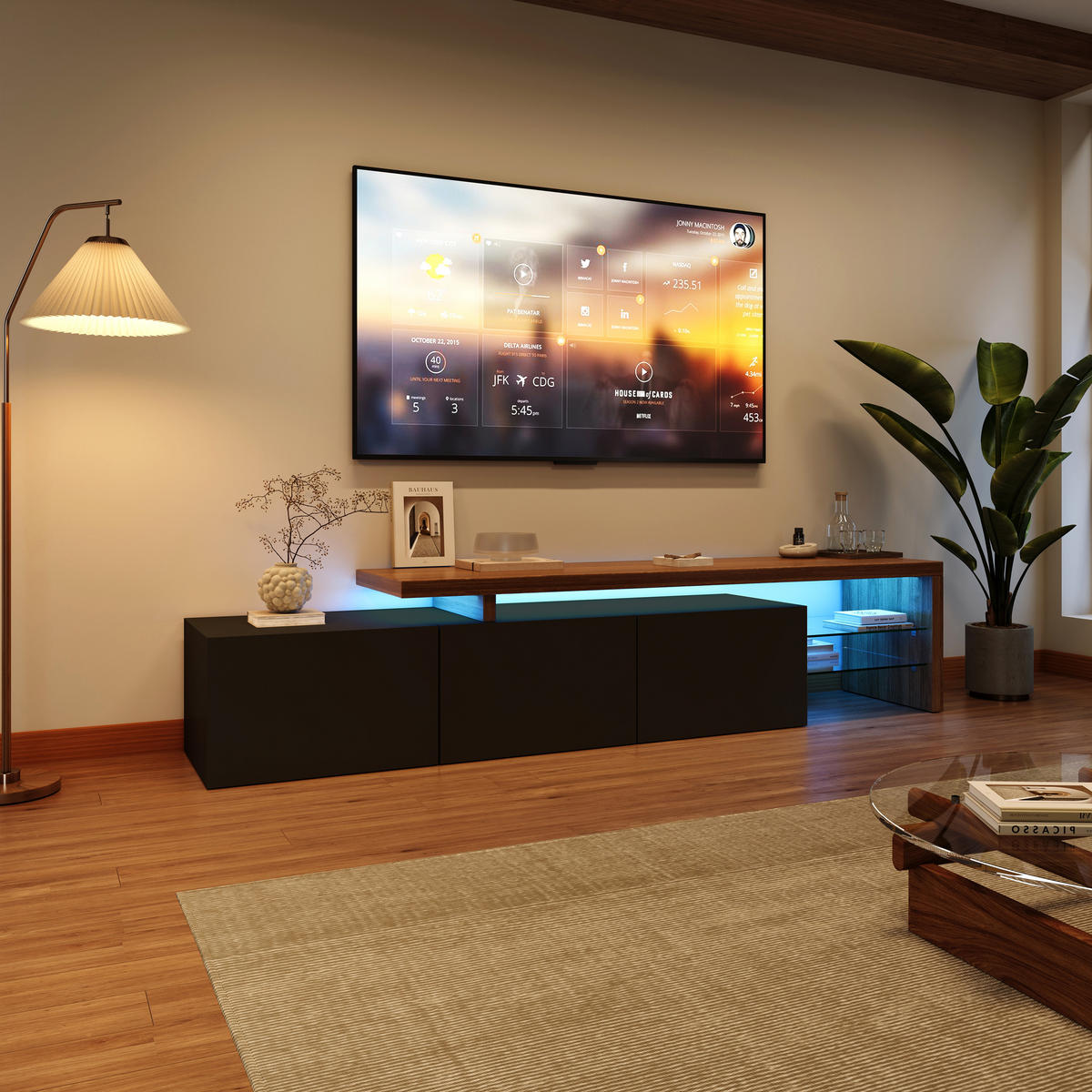 TV-LOWBOARD Schwarz mit LED-Beleuchtung, Holzoptik und Stauraum für Wohnzimmer - Schwarz, Holz (39/30/200cm) - PARAFTA HOME
