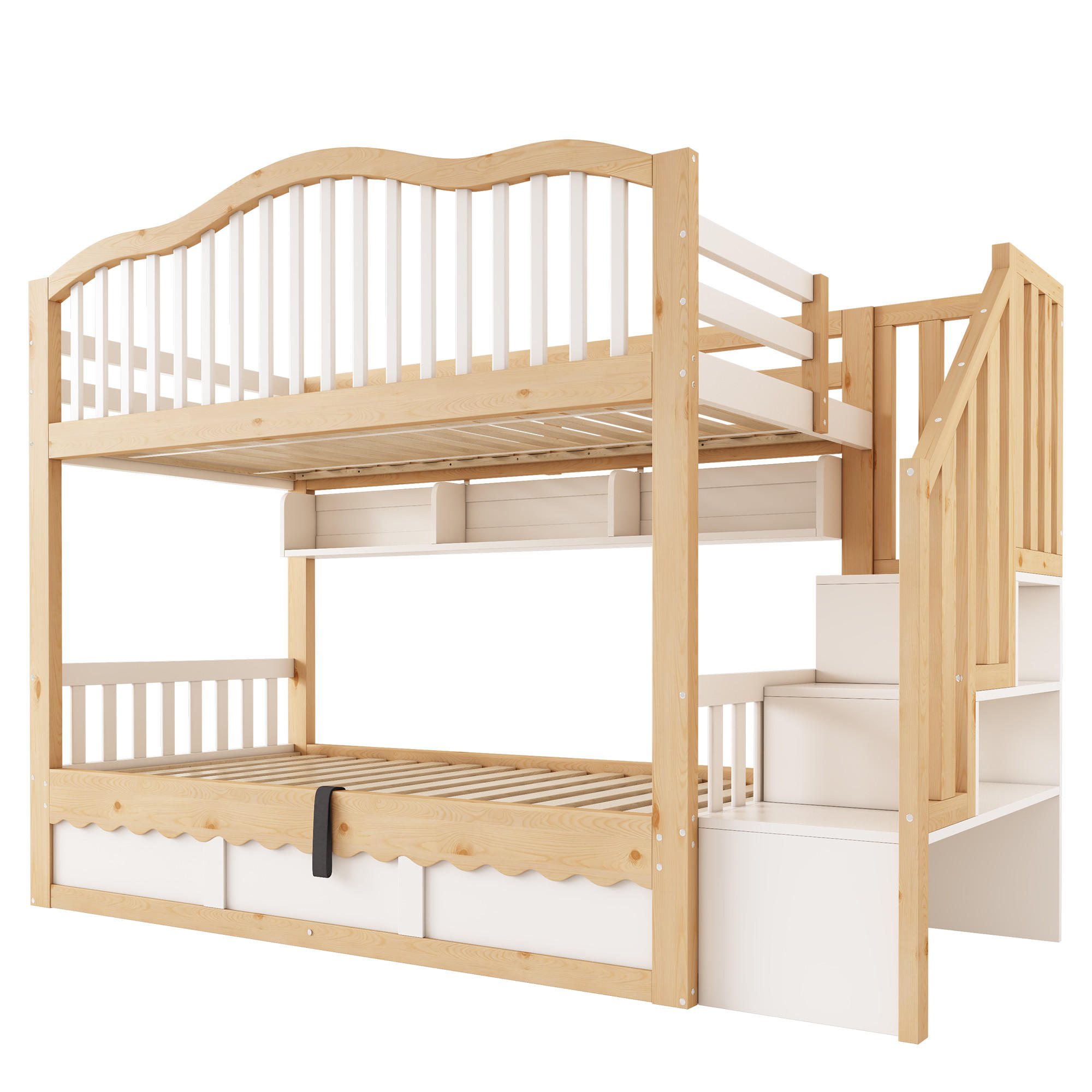ETAGENBETT 90/200 cm mit Stauraum, Treppe und Regal, DE-41551, in Weiß/Eiche - Eichefarben, Holzwerkstoff (90/200cm) - ComfortXL